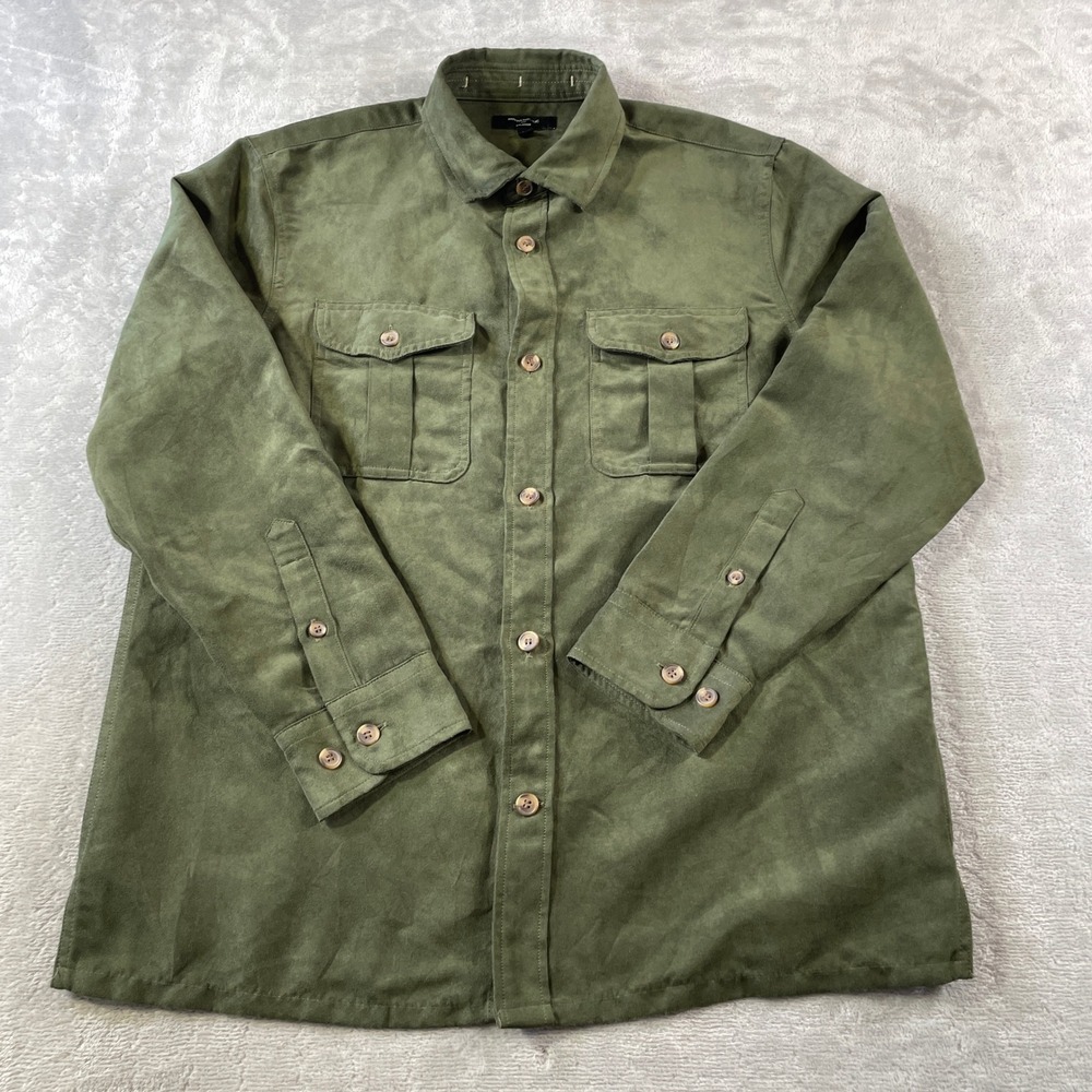 Banana Republic Overshirt Jacket Mens Medium Green Relaxed Faux Suede Holiday